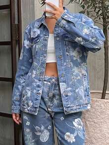 Women's Vintage Printed Denim Jacket, With Lapel Collar And Button Details, Long Sleeve Regular Fit Non-Stretch Jacket - Medium Wash - View 1