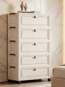 1pc 40-60cm Wide Folding Storage Cabinet, Large Capacity Multi-Layer Folding Storage Cabinet Set, Stackable Flip-Top Plastic Storage Box, Multi-Purpose Home Storage Cabinet, Can Store Clothes, Books, Toys, Waterproof And Dustproof, With Wheels, Suitable For Bedroom, Living Room, Study, Bathroom, Home Organization, Christmas Decoration, Kitchen Storage Rack - White - View 4