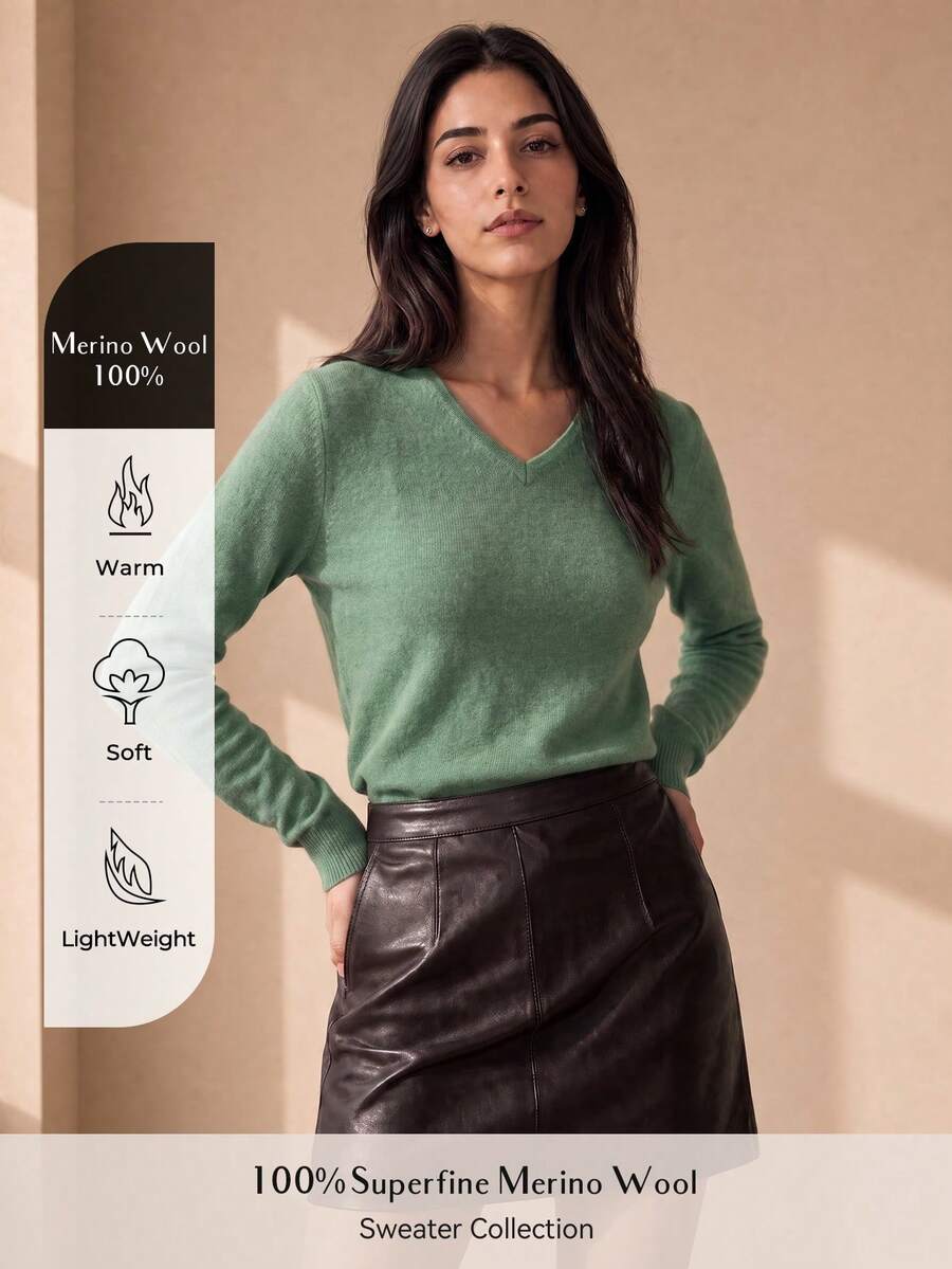100% Merino Wool Women Sweater Women Fall Winter Sweater Winter Clothes Outfit V Neck Pullover Casual Long Sleeve Seamless Knit Sweater Autumn Outfit - Olive Green - View 1