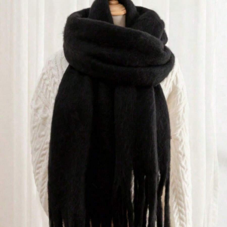 Unisex Soft Warm Scarf, Shawl-Style Scarf With Long Tassels, Comfortable Solid Color Winter Neck Accessory For Daily Wear, Travel And Holiday Outings - Scarf - View 1
