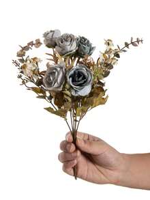 1pc Vintage Artificial Rose Bouquet, Faux Silk Fall Mixed Flower Bunch With Dried Look Greenery, Autumn Wedding Table Centerpiece & Halloween Home Vase Decor - Blue - View 6