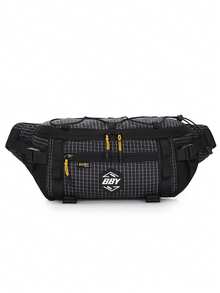 Black Plaid Functional Waist Bag With Contrast Yellow Zipper, Multiple Pockets, Drawstring External Attachment Design, Durable Plaid Fabric, Large Capacity Chest Bag Crossbody Waist Bag For Outdoor Cycling Sports - Multicolor - View 2