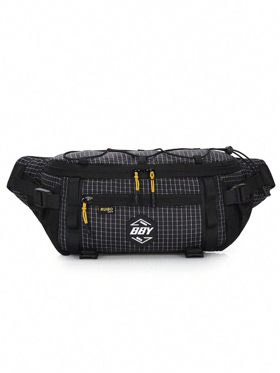 Black Plaid Functional Waist Bag With Contrast Yellow Zipper, Multiple Pockets, Drawstring External Attachment Design, Durable Plaid Fabric, Large Capacity Chest Bag Crossbody Waist Bag For Outdoor Cycling Sports