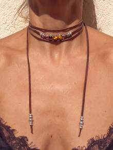 1pc European & American Style Necklace With Brown Vintage Floral Pattern Long Chain, Western Style Versatile Personalized Collarbone Chain Jewelry - Multicolor - View 6