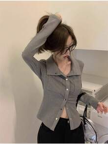 Early Spring Inner Layer Short V-Neck Slim Fit Design Niche Waist-Cinching Long Sleeve Top - Grey - View 3