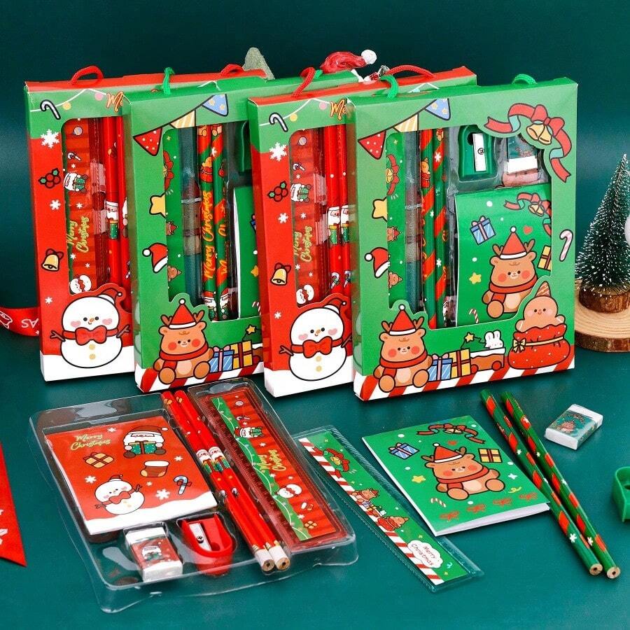 Set Kotak Hadiah Alat Tulis Genggam Natal 6pcs/Set, Kombinasi Pensil, Buku Catatan, dan Penghapus Bergambar Santa Claus dan Manusia Salju, Hadiah Alat Tulis Natal untuk Siswa - MultiWarna - View 1