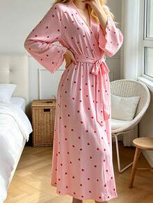Elegant Pink Comfortable Loose Flared Sleeve Long Bathrobe For Teen Girls,Full Of Heart-Shaped Patterns And Waist Belt,Suitable For Daily Home Wear - Pink - View 2