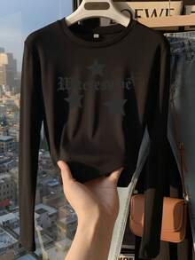 Minimalist Dark Color Star & Gothic Letter Print Cropped Long Sleeve Top, Slim Fit Elastic Spicy Girl Style Basic Layering T-Shirt For Women, Autumn - Black - View 3
