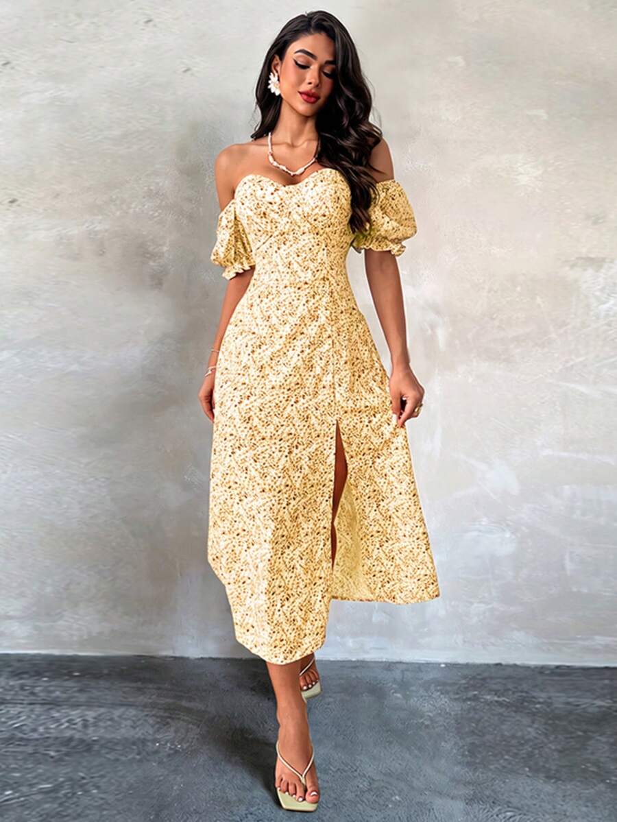 Yellow Women's Summer Puff Sleeve Backless Slit Formal Dress, Suitable For Valentine's Day, Date, Party, Travel And Beach