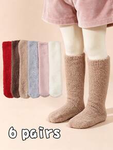 6 Pairs Baby Coral Fleece Warm Socks, Panda Pattern Non-Slip Floor Socks, Simple Warm Infant Toddler Socks - Multicolor - View 1
