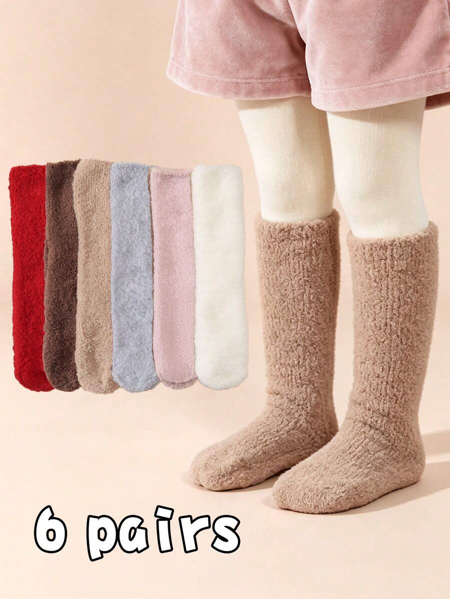 6 Pairs Baby Coral Fleece Warm Socks, Panda Pattern Non-Slip Floor Socks, Simple Warm Infant Toddler Socks - Multicolor - View 1