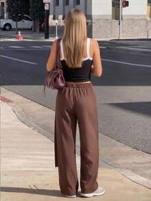 Women's Button Front Waist Wide Leg Pants, Elegant High Waist Solid Color Casual Long Trousers - Coffee Brown - View 4