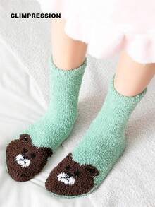 CLIMPRESSION Women's Plush Mid-Calf Socks, Cute Bear Toe Pattern Coral Fleece Socks, Soft Warm Fluffy Winter Home Sleep Floor Socks - Green - View 7