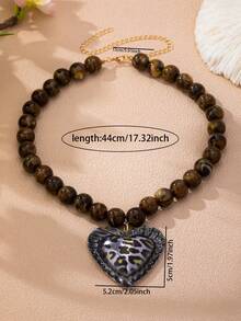 1 Pc Leopard Print Heart Pendant Beaded Necklace For Women, Statement Chunky Chain Jewelry For Party Daily Wear - Necklace 1 - View 3