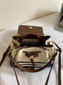 Backpack With Drawstring & Metal Buckle Decor, Multi-Compartment Large Capacity, Can Store Phone, Cosmetics, Personal Items, Drawstring Flap Closure, Casual College Style Handheld Backpack, Women's Crossbody Bag, Suitable For Daily School, Shopping, Travel, Versatile Striped Small Backpack, Vintage Casual Small Backpack, Commuter Handheld Crossbody Women's Bag - Brown - View 8