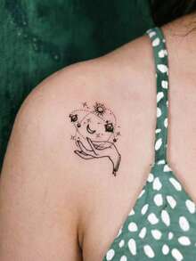 1pc Temporary Tattoo Sticker, Hand Holding Sun Moon Planets Universe Line Art Pattern, Realistic Fake Tattoo Design, For Daily Wear, Bachelorette Party Favors, Music Festival, Game, Graduation Gift, Lasts 3‑5 Days - Black - View 4