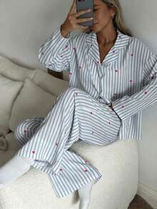 Nina Bonheur 2pcs/Set Women's Loose Comfortable Breathable Long Sleeve Top + Long Pants Cute Pajama Set - Blue - View 3