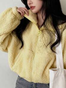 女款秋冬優雅拉鍊抓絨短夾克，時尚純色泰迪夾克，休閒戶外健身穿搭，寬鬆版型派對造型 - 黃色 - 查看 9