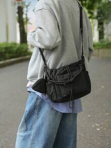 Black Drawstring Crossbody Bag, Multi-Pocket Nylon Shoulder Bag With , Adjustable Strap Casual Slouchy Sling Bag For Daily Commute Outdoor - Multicolor - View 1
