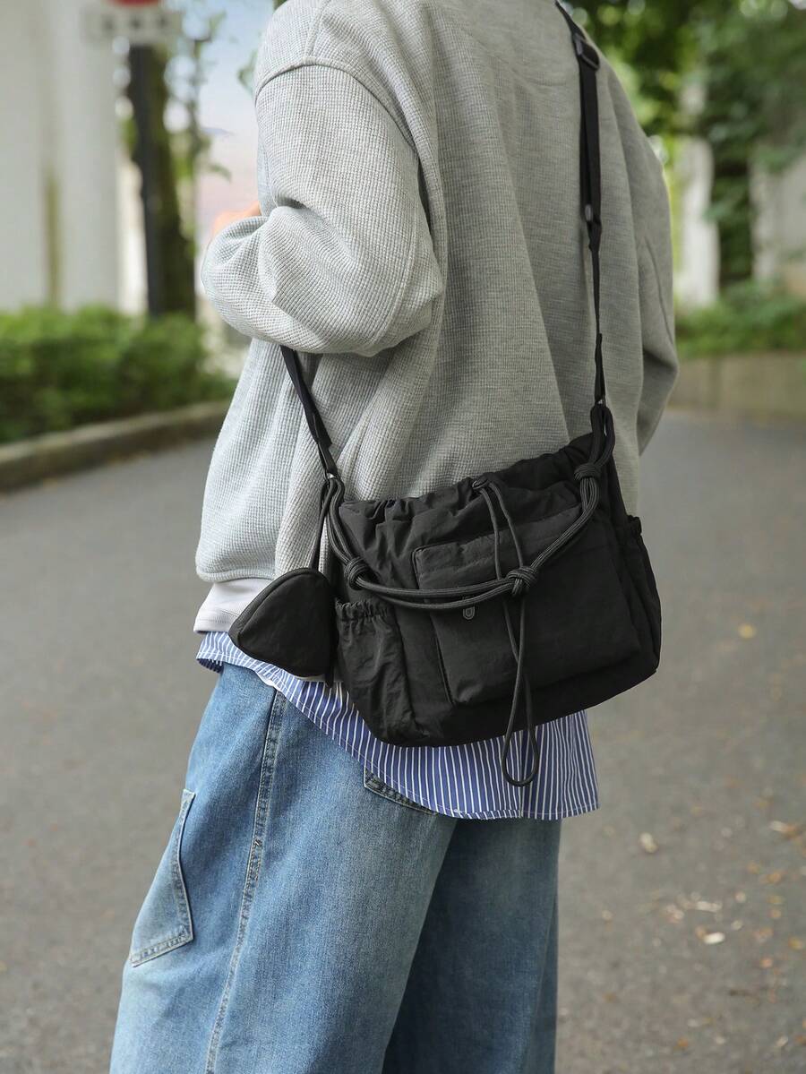 Black Drawstring Crossbody Bag, Multi-Pocket Nylon Shoulder Bag With , Adjustable Strap Casual Slouchy Sling Bag For Daily Commute Outdoor - Multicolor - View 1