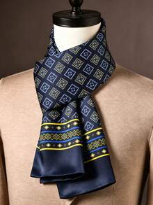 Luxury Men's Scarf, Premium Navy Blue, Classic Geometric Pattern, Fashion Item, Formal Occasions, Daily Wear - Navy Blue - View 5