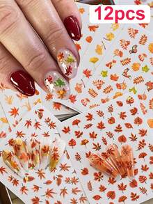 12Pcs Mixed Autumn Holographic Maple Leaf Nail Stickers, Fall Leaves, Cute Fox Pattern Self-Adhesive Nail Decals, Thanksgiving Season Nail Art Decorations For DIY DIY Manicure And Nail Salon - Multicolor - View 12