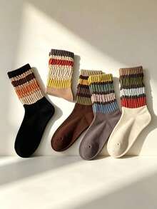 5 Pairs Men's Retro Colorblock Striped Mid-Calf Socks, Unique Patchwork Design, Multiple Colors Available, Versatile Everyday Wear, Easy To Create Stylish Outfits - Multicolor - View 4