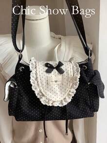 Sweet Cute Retro Classic Polka Dot Flap Shoulder Bag, Multi-Pocket Large Capacity, Minimalist Fashion Textured Crossbody Bag - Black - View 12