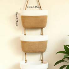 3-Tier Boho Neutral Tone Hanging Basket - Woven Rope Wall Organizer With Space-Saving Vertical Storage Shelf, Boho Style Suitable For Bathroom, Nursery, Kitchen, Bedroom - Multi-Room Hanging Bins For Towels, Utensils - White - View 6