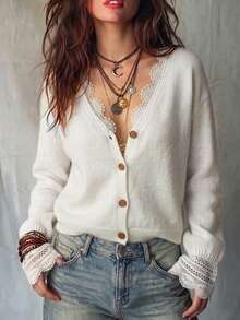 Women's Casual Cute French Style Single-Breasted Contrast Color Lace Long Sleeve Knit Cardigan Top, Autumn/Winter - White - View 2