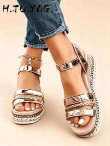 Summer Formal Thick Sole Beach Wedge Sandals, Breathable Comfortable Casual Elegant Flat Shoes, Holiday Essential - Champagne - View 2