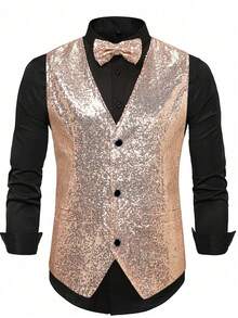 Men's Stage Performance Vest With Small Sequins, Suitable For Photo Studio, Host, Singer, MC - Champagne - View 2