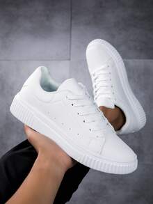 Men's White Round Toe Lace-Up Thick Sole Casual Sneakers, Soft Bottom Lightweight All-Season Sports Shoes - White - View 3