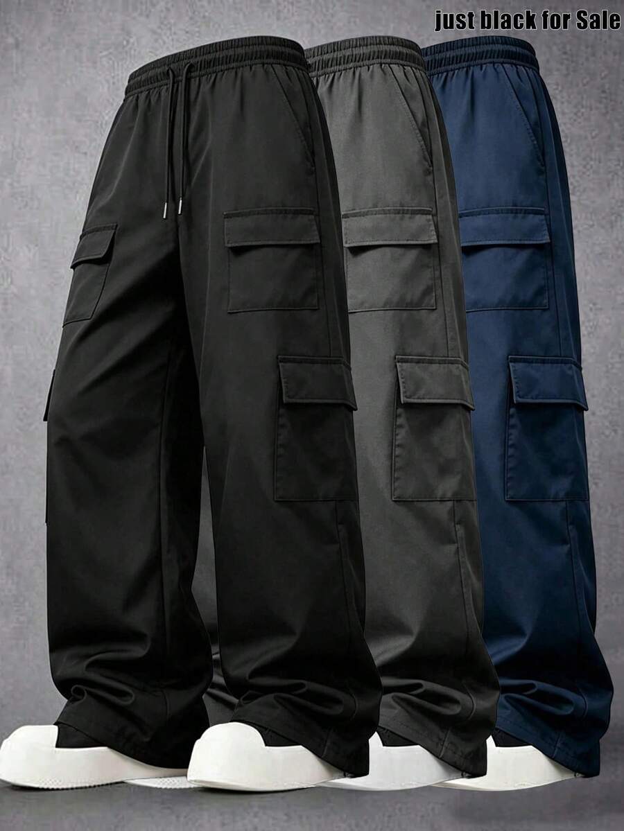 Men's Loose Wide Leg Multi-Pocket Functional Cargo Street Casual Long Pants, Lightweight Breathable For Spring Summer Autumn, Suitable For Daily Wear, Perfect Gift For Boyfriend Or Husband - Black - View 1