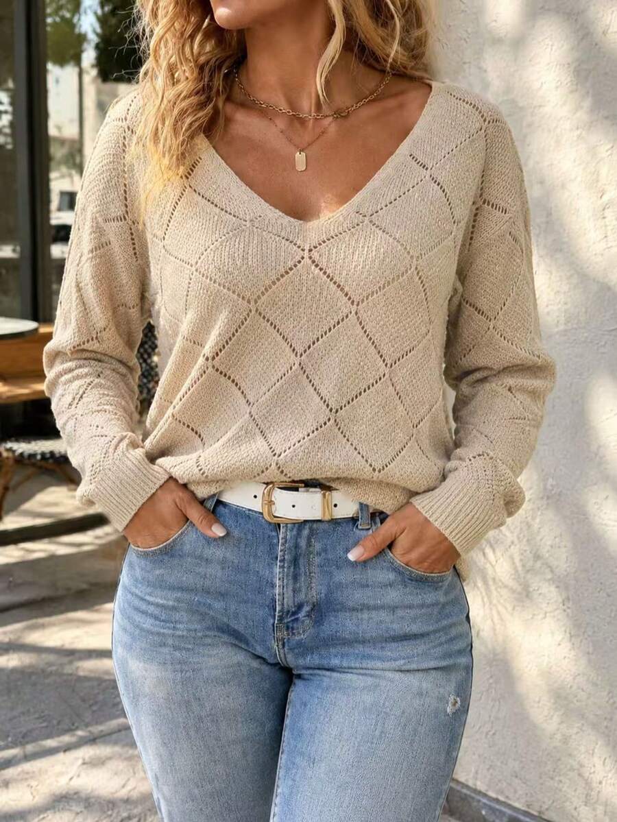 Women's Plus Size Knit Sweater V-Neck Long Sleeve Pullover With Drop Shoulder And Rib-Knit Details, Perfect For Fall & Winter Wear - Apricot - View 1