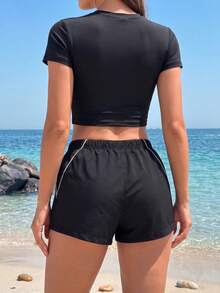 Women's Summer Sports Printed Solid Color Shorts, Elastic Waist Drawstring Running Pants, Suitable For Indoor Fitness And Outdoor Running - Black - View 6