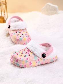 New Girls' Fashion Versatile Casual Winter Thermal Lined Warm Pink Star Hollow Clogs - Pink - View 5