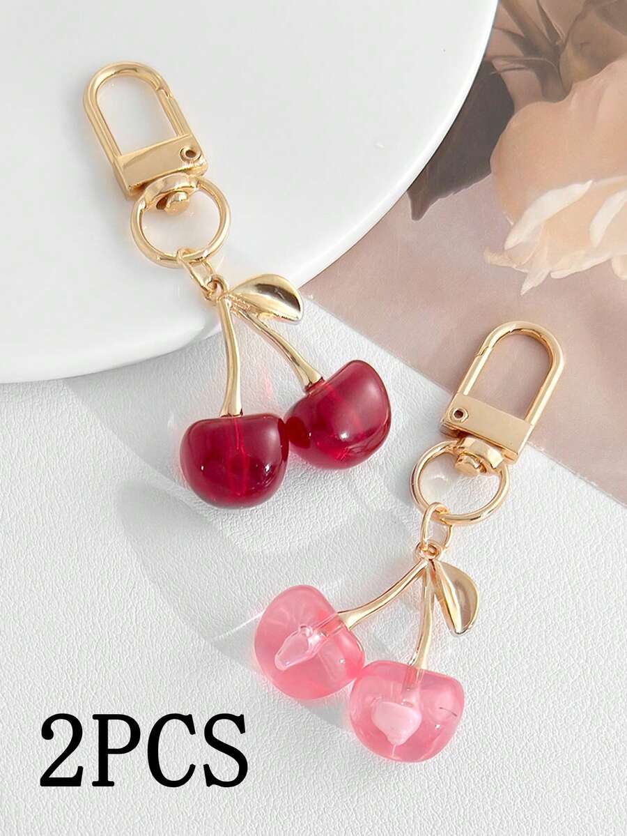2PCS Multi-Color Strawberry & Cherry Keychains, Fashionable & Durable Bag Charms, Car Key Rings, Creative Small Gifts Suitable For Friends - Multicolor - View 1
