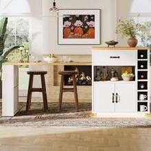 Extendable Kitchen Island With Dining Table, Multifunctional Storage Cabinet With Drawers,, Wine Rack, Kitchen & Dining Room - White + MDF - View 5