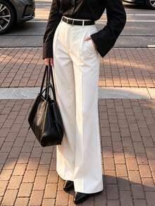 Fall Winter Vintage High Waist Pleated Wide Leg Trousers For Women, Drapey Flare Pants, Commuter Night Out Social Outfit - White - View 8