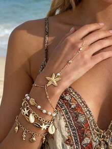 5pcs/Set Boho Beach Vacation Starfish Shell Hand Chain Bracelet Layered Cowrie Pearl Finger Ring Jewelry Set,Suitable For Summer Beach - Gold - View 2