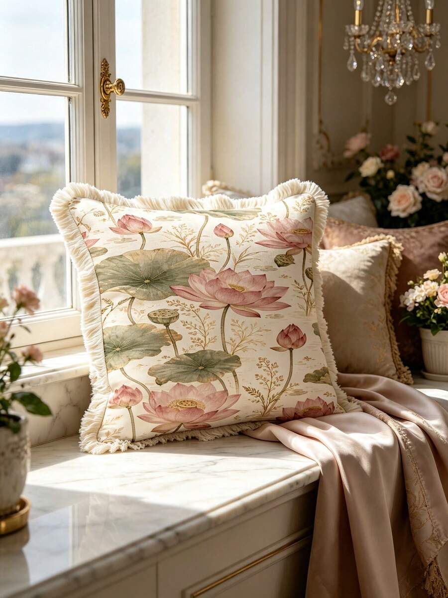 1PC French Elegant Printed Pillow Cover With Tassel Border, Double-Sided Decorative Pillowcase, Pink Lotus Design Pattern, Home Decoration, Sofa, Bed, Bedroom(Excluding Pillow Core)-Size Excludes 3cm Tassels - Multicolor - View 1