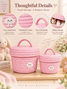 1pc Cute Woven Storage Basket For Home Lovers, Decorative Rope Organizer With Adorable Cartoon Patch Design, Handmade Storage Box With Lid For Toys, Clothes, Bedroom, Living Room Organization & Home Decor - Multicolor - View 3