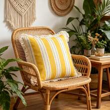 1PC American Country Printed Pillowcase Cover With Tassel Border, Double-Sided Decorative Pillowcase, Yellow Striped Green Polka Dot Design Pattern, Home Decoration, Sofa, Bed, Bedroom(Excluding Pillow Core)-Size Excludes 3cm Tassels - Multicolor - View 9