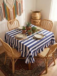 1pc Blue And White Wide Striped Tablecloth, Classic Country Style Fabric Material, Rectangular Double Layer With Ruffle Edge And Pleated Detail, Decorative And Functional For Home Kitchen, Dining Room And Daily Home Decor - Blue - View 8