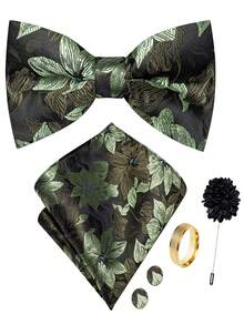 5Pcs Men Olive Green Floral Jacquard Bow Tie Pocket Square Cufflinks Ring Boutonniere Set, Cufflinks Pattern Random For Wedding Business Party - Olive Green - View 1