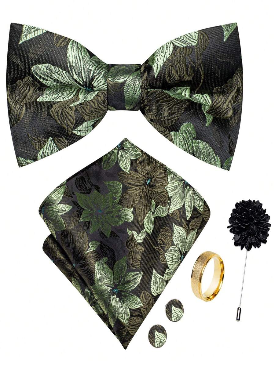 5Pcs Men Olive Green Floral Jacquard Bow Tie Pocket Square Cufflinks Ring Boutonniere Set, Cufflinks Pattern Random For Wedding Business Party - Olive Green - View 1