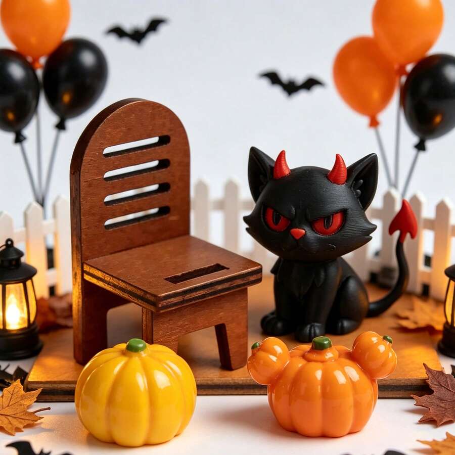 Halloween Gothic Demon Black Cat Scene Model Decoration Props, Dollhouse Halloween Set, Mini Halloween Scene Accessories, Wooden Small Chair Demon Black Cat Miniature Figurine Landscape Decoration, Miniature Scene Halloween Dark Decor, Vintage Wooden Chair Dark Demon Black Cat Halloween Theme Small Ornament, Halloween DIY Miniature Scene Accessories, Mini Small Chair Ornament Vintage Nostalgic Scene Photography Props Miniature Model, Mini Wooden Rocking Chair Ornament Desktop Decoration Casual Style Holiday Gift Ornament, Resin Double Seat Tree Bench Mini Decorative Ornament Handmade - Multicolor - View 1