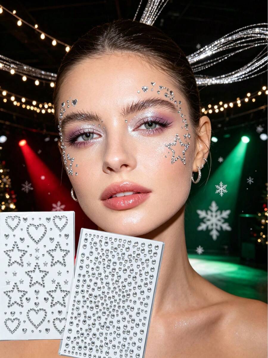 1pc/1set Silver Heart & Star Christmas Face Rhinestone Stickers, Self-Adhesive Glitter Face Stickers For Music Festival, Christmas Party Eye Makeup Decoration, With Exclusive Tweezers - Multicolor - View 1