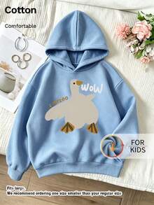 Kids Hooded Sweatshirt, Cute White Goose Wow Letter Graphic Print Thick Fleece Lined Pullover For Kids - Blue - View 9